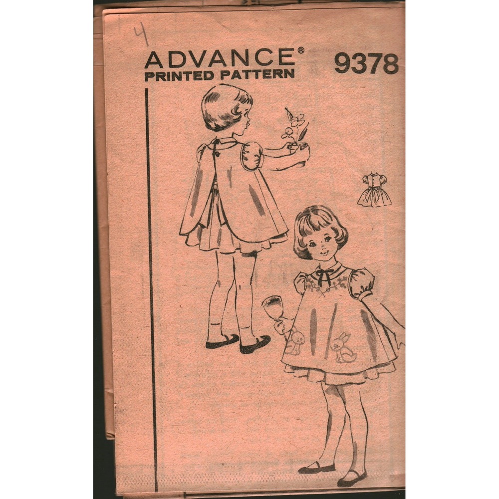 Vintage Advance 9378 Girls Dress and Pinafore Sewing Pattern Size 4 Mid-Century